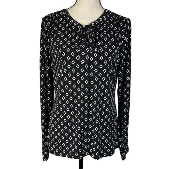 Calvin Klein Large Top Button-Up Geometric Stretch Long Sleeve Tie Keyhole Black - Picture 1 of 8